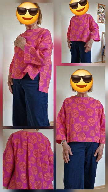 Ich habe die Bluse aus Musselin genäht. Die Anleitung ist gut verständlich erklärt.