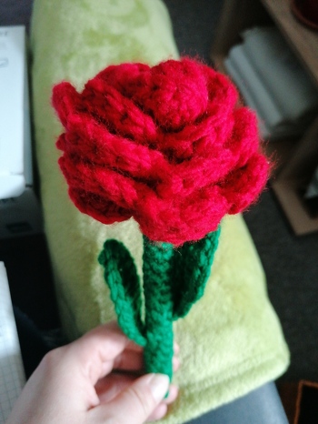 Klasse Ergebnis. Bin begeistert... Hab an der Blüte unten die Maschen neu angemascht um einen Stiel zu häkeln... Einfache Runden mit Festen Maschen. In die Mitte Schaschlikspieße zum Stabilisieren. Am Ende jede 1.&2.Masche abn. Km, fertig :)