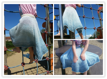 Beim Abschluß hab ich die Variante ,drei Reihen feste Maschen' gewählt und die letzte Reihe in Bündchenfarbe mit Krebsmaschen abgewandelt. Es hat riesen Spaß gemacht. Anleitung mit Suchtfaktor! Der Rock für meine Große wurde gerade in Angriff genommen (0;