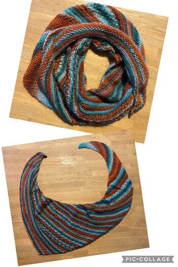 Danke für die schöne Anleitung! Hat mir Spaß gemacht mein Tuch mit dem Farbverlaufsgarn zu stricken. Muster und Zunahme hat man bald im Griff.