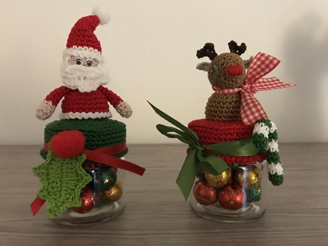 Häkelanleitung Weihnachtsspezial 2 er Set / Santa und Ren / Deckelbezug für Marmeladenglas/ Dekobezug für Bonbonglas