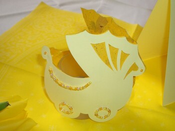 Das war der Kerzenhalter bei der Taufe meiner Tochter.
Kleines Teelichtglas, rundum ein aus Papier ausgeschnittener Kinderwagen.
Innenseite von Papierwagen ist ein anderer Farbton
Außen ist es noch mit Perlen verziert.