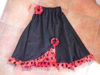 Zum Flamenco tanzen im Kindergarten benötigt man natürlich was besonderes :-)
Ein ganz weit schwingender Rock !
Tellerrock mit Stoff und Tüllrüschen.
SM selbst gemacht.