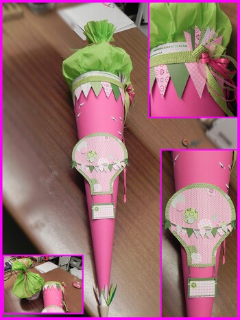 Schultüte mit besonderem Motiv !
Tja es muss ein Heißluftballon sein, also setzt man sich hin und macht ....
Schultüte mit dem gewünschten Motiv.
Der ganze obere Teil ist abnehmbar, weil sonst meist das Krepppapier nach dem Öffnen kaputt ist.