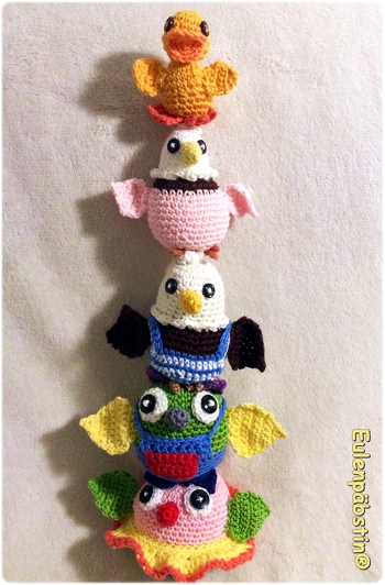 Eulinchen, Eulino, Horsti, Polli und Fibsi (von unten nach oben)
Anleitung aus dazugehörigen Büchern mit abenteuerlichen Geschichten!