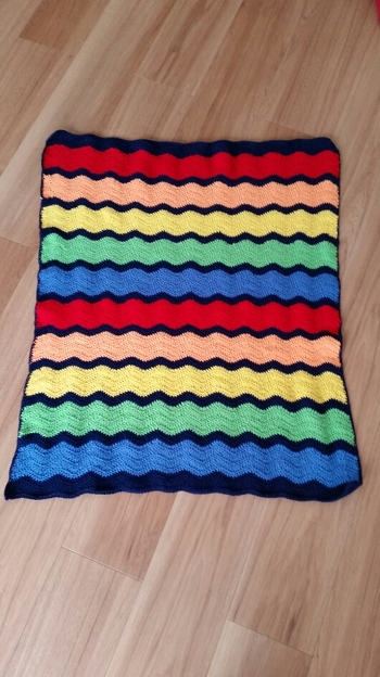 Ich hab einfach ein Muster gehäkelt, das mir gefallen hat und so ist die erste Decke für Horst-Gundula  (keine Angst nur der Bauchname) entstanden.
Die Umrandung hab ich nach einem Tipp im Forum von Zwergnasebär entstanden. Danke nochmal.
Jetzt nur noch  waschen und spannen.