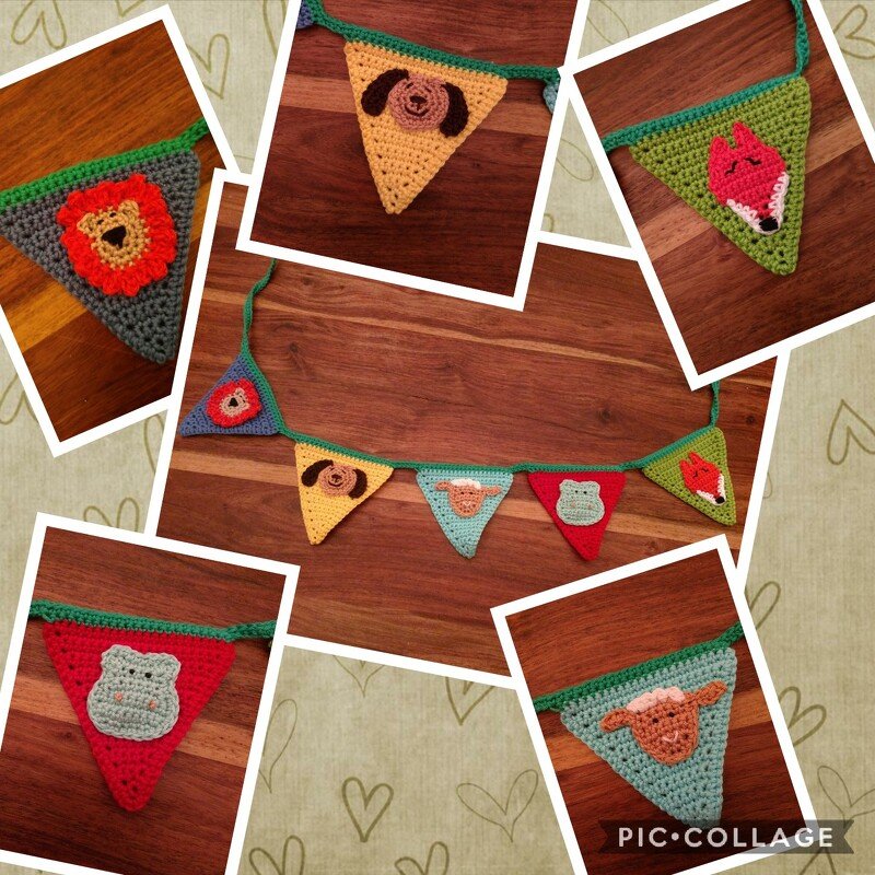 bunte Wimpelkette mit 7 Tier-Applikationen, Häkelanleitung Fuchs, Nilpferd, Koala, Schaf, Löwe, Bär 