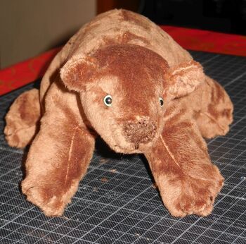 hab ein Braunbärbaby nach dem Schnitt von Knuffele genäht, es schaut noch etwas ängstlich in die Welt, aber das wird sich ändern wenns größer ist ;-)