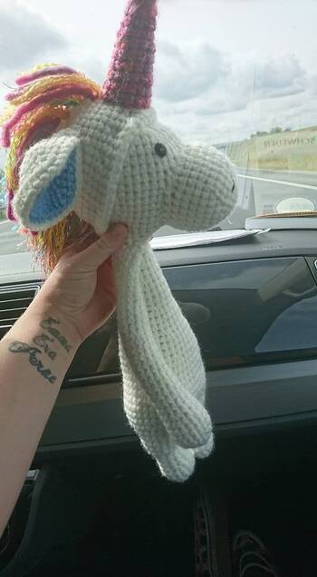 Auch Einhörner kann man im Auto häkeln.