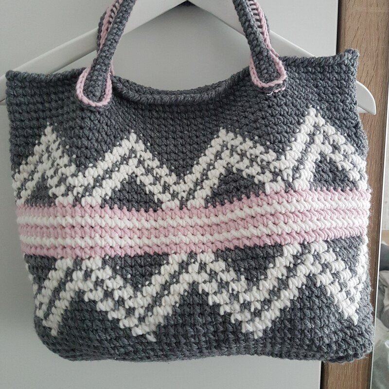 Häkelanleitung Tasche Shopper in Grau, Weiß und Rosa