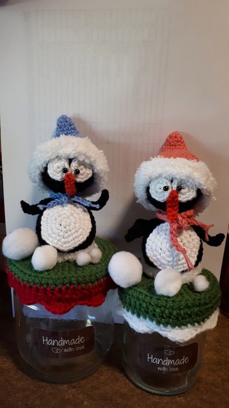 3tlg. Sparset Pinguin und Schneemann mit Schlapphut für Marmeladenglasbezug Winterdeko Bonbonglas