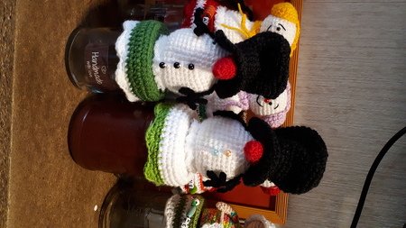 3tlg. Sparset Pinguin und Schneemann mit Schlapphut für Marmeladenglasbezug Winterdeko Bonbonglas
