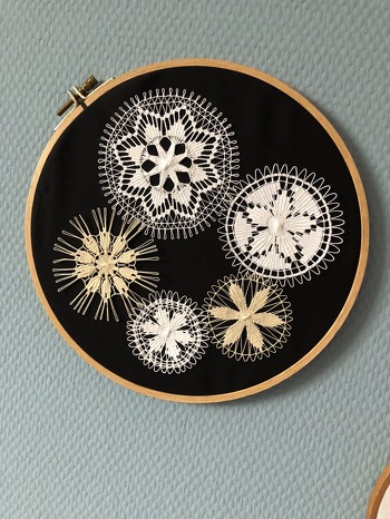 Vor Jahren habe ich mich an Teneriffaspitzen versucht .....
sie lagen in der Schublade und nun habe ich sie auf einem ausgedientem Stickrahmen platziert ;-)