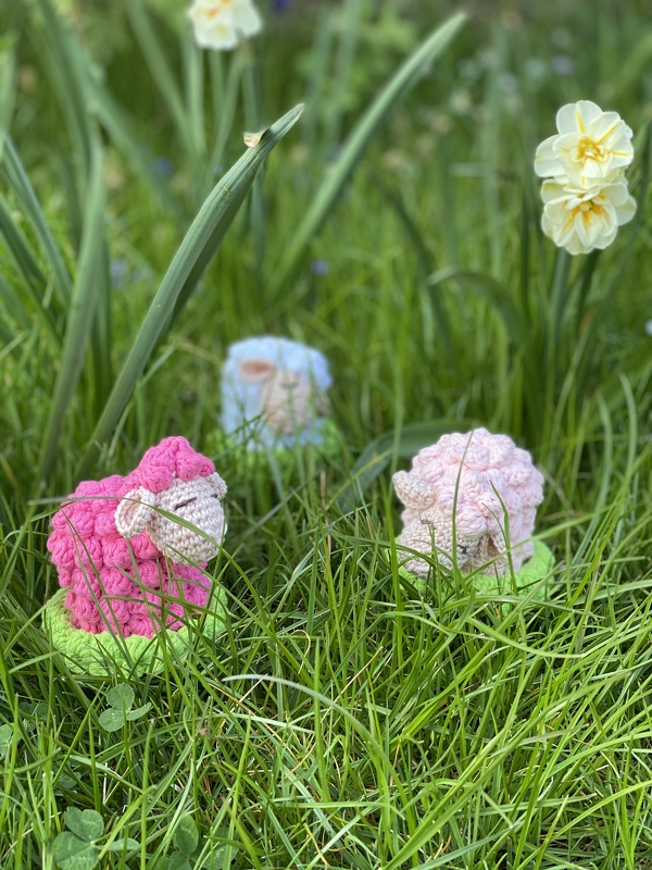 Schafe mit Wiese Tischdeko oder Eierwärmer zu Ostern und Frühlingsdeko