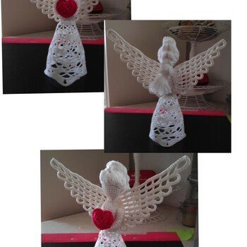 Made christmas angle with a heart crochet pattern. I only used white yarn and made the heart red. I'm happy with the result. So beautiful.