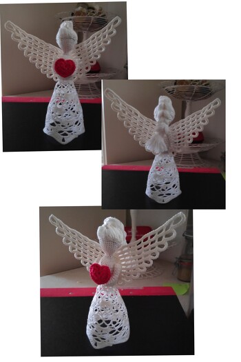 Made christmas angle with a heart crochet pattern. I only used white yarn and made the heart red. I'm happy with the result. So beautiful.