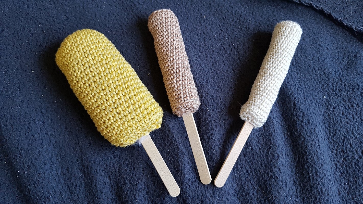 Crochet pattern for ice-cream, 3 types: popsicles and cone wíth ice scoops