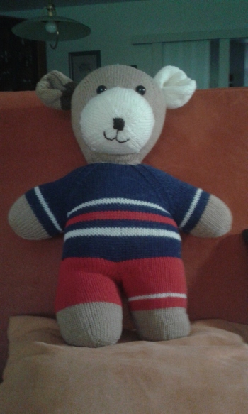 Die Anleitung für den Teddy habe ich zufällig gefunden. Ich habe dabei Reste verarbeitet. Es hat viel Freude gemacht, die Arbeit wachsen zu sehen. Die Liebe der Enkel zum Teddy war für mich das größte Lob .