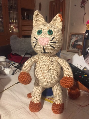 Ein Enkel wollte eine Katze und hat sie natürlich bekommen. Hier mussten es natürlich andere Augen sein. Damit das Spielen Spaß macht, hat drei verschieden farbige Schals, eine Fliege und eine Mappe von mir bekommen.