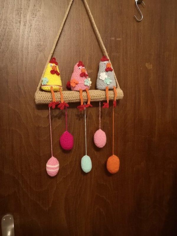 Edge stool and hanging decoration the chickens on the perch