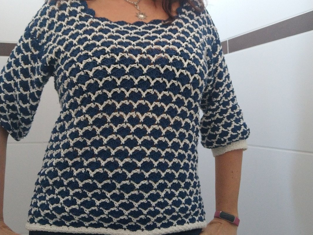 Häkel-Pulli JEANS-LOOK, Gr. S/M, L/XL (leicht an alle Größen anzupassen)