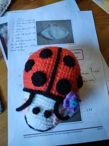 Habe nun den Glückskäfer fertig gestellt. also beim Kopf, stimmt es nicht so ganz. Ich habe nun wie folgt gearbeitet. also keine abnehmer wie geschrieben und in der zwischen Runde, nur eine Reihe fm. häkeln. Aufnahme, jede 2=24fm./3=32fm./4=40fm./5=48fm./dann jede 8=54fm. am schluss noch 2 Rehen 54fm. ansonsten ist die Beschreibung perfekt.