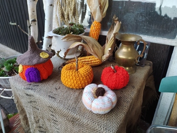 Habe mein Kürbishaus noch mit Maiskolben und gehäkelten Kürbissen ergänzt.
Kürbishaus nach einer Anleitung von TanjasHandarbeiten im Blog