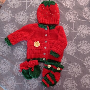 Eine kleine Garnitur so süß zum vernaschen, die Erdbeere 🍓🍓.
Gestrickt für ein Baby.