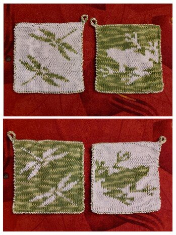 Frohe Weihnachten!
Ich hab schon mal mit der neuen Frühjahrs-/Sommerkollektion begonnen....
Topflappen gestrickt in Doubleface-Technik mit 8/8 Baumwollgarn von Tedox