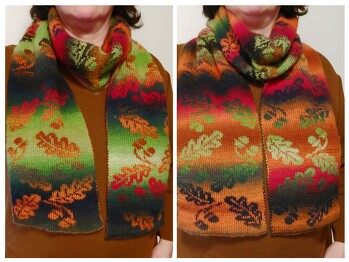 Doubelface-Schal, 2m lang, 22cm breit. 290g. Nordlys von Vinking, 2 Farbverläufe. Muster gefunden bei Pinterest, Mustersatz 9mal gestrickt mit NS3,5.