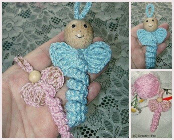 Lucky Angel... entstanden nach dieser Anleitung: https://www.crazypatterns.net/de/blog/3471/glueckswuermchen-sorgenwuermchen-engel-anhaenger#c_3449... die Autorin heisst Alexandra/ AlexRo-fuer-Kinderherzen.
Leider hatte ich nur eine große Kugel mit Gesicht, deswegen wurde das blaue Engelchen mit doppeltem Faden gehäkelt.
Es hat Freude gemacht die Engelchen zu häkeln...ging einfach und schnell... es würde sich also lohnen ein paar 