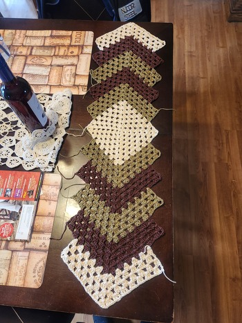 This is my second attempt at this pattern for my dining room table had to make it narrower. I not quite done but I think it is going to look great.