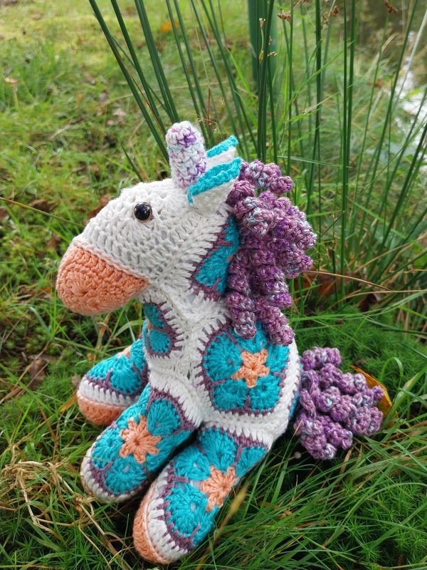 Unicorn crocheted with African Flowers crochet pattern PDF DYN