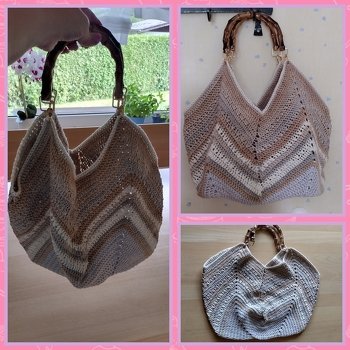 Shopper gehäkelt mit doppeltem Faden in Cotton uni und gemustert (Anleitung von hier)