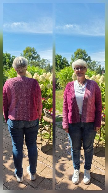 Ich habe diese Jacke KIWI schon zum 2. Mal gehäkelt,  dieses Mal mit einem 4fädigen Farbverlaufsbobbel. Ich liebe sie....