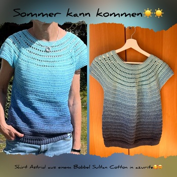 Shirt Astrid ist einfach und schnell zu häkeln. Habe unten ein Bündchen gearbeitet, was den letzten Pfiff gegeben hat. Ein Bobbel mit 800 m reicht für 36/38. Gut verständliche und ausführliche Anleitung.