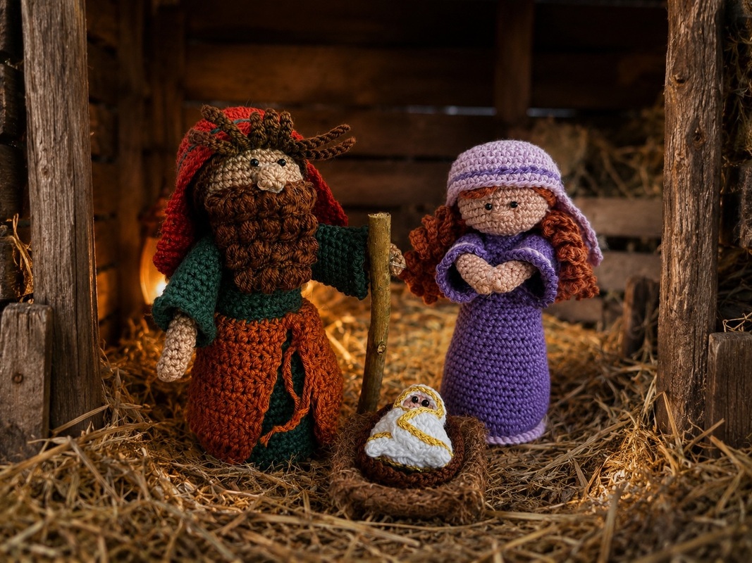 Krippenfiguren Maria Josef Jesuskind und Krippe