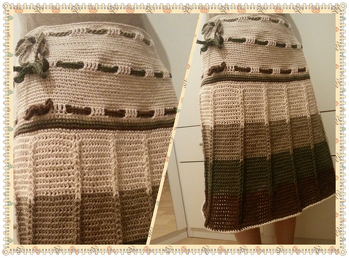 Meine Version, von mi-lis Rock Timeless. Das Bündchen hab ich mit einer kleineren Häkelnadel begonnen und bin dann langsam immer größer geworden, um eine Taillienform hinzubekommen, da mein Rock auf Taille getragen wird.
Er sollte auch länger sein und das Knie bedecken. Deshalb hab ich im 