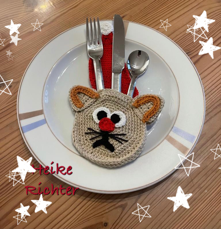 Häkelanleitung "Weihnachtskatze als Besteckhülle"