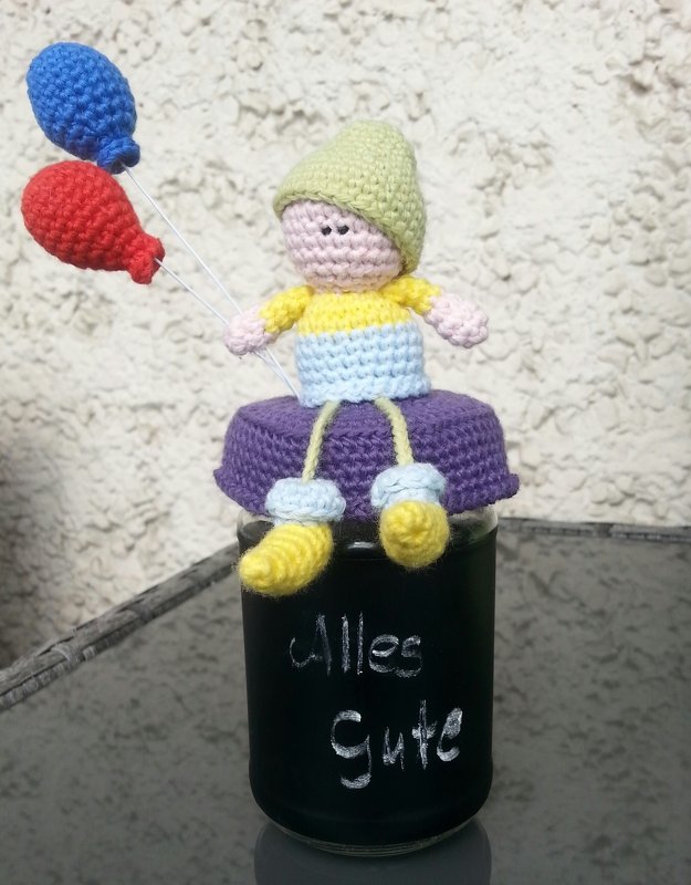 Häkelanleitung das Glückwunsch Wichtelchen / Dekobezug für Bonbonglas/ Deckelbezug für Marmeladenglas