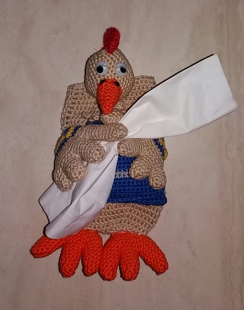 Tolle und einfach nachzuarbeitende Anleitung.
Mein verrücktes Huhn. Habe etwas andere Farben genommen (blau, gelb, grau und für den Kamm habe ich rotes Glitzergarn genommen)