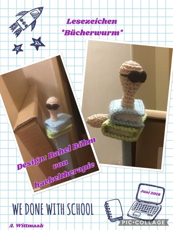 Mein zweiter Bücherwurm ist fertig :)
Diesmal habe ich kein Band gehäkelt, sondern stabile Pappe mit Wolle umklebt und an das untere Buch geklebt. Damit hat der Wurm mehr Halt im Buch. Meinen ersten Bücherwurm hat mir meine Freundin abgeschwatzt. Dieser ist für meine Tochter und ich brauch auch noch einen *g
Es hat wieder großen Spaß gemacht :)