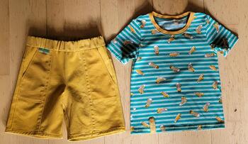 Hose (aus vielen Canvas Resten) Finn und Finja.
T-Shirt Lio. Jersey vom örtlichen Stoffgeschäft.
Beides war sehr einfach zu nähen mit guter Beschreibung. Mein Enkel ist happy über das Set.