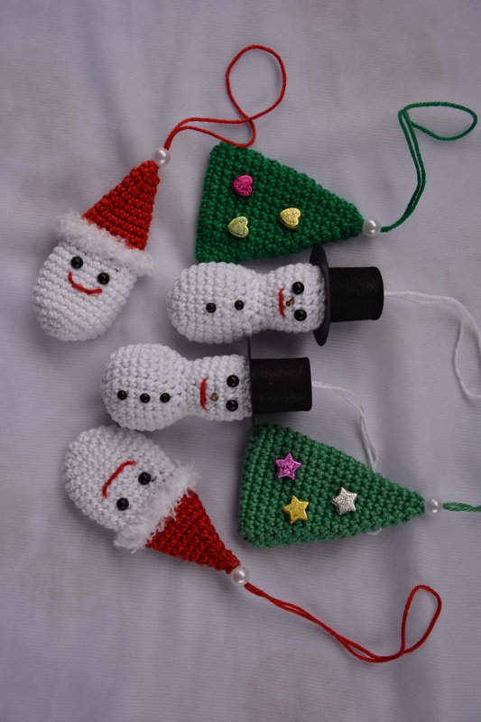 Häkelanleitungen Sparset - Einkaufschip/Geschenkeanhänger Schneemann, Tannenbaum und Nikolaus