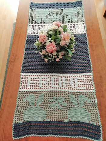 Jetzt kann Ostern kommen. Ich habe den Läufer allerdings verkürzt, da mein Tisch nicht so riesig ist. Hat wieder mega Spass gemacht. Danke Heike für die wie immer tolle Anleitung