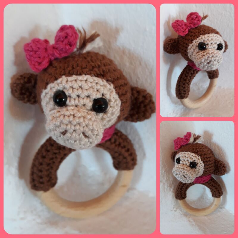 Häkelanleitung Affenrassel mit Holzring