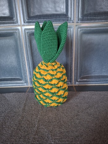 Ich habe mir die Häkelanleitung von der Ananas gekauft.
Am Anfang hatte ich etwas Schwierigkeiten.
Ich habe auch nicht alle Blätter gehäkelt, sondern nur die mittleren, dafür aber 5 Stück davon
Bin mit meinem Ergebnis sehr zufrieden