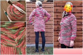 Hoodie als Longpullover mit leicht verändertem Rollkragen gehäkelt.