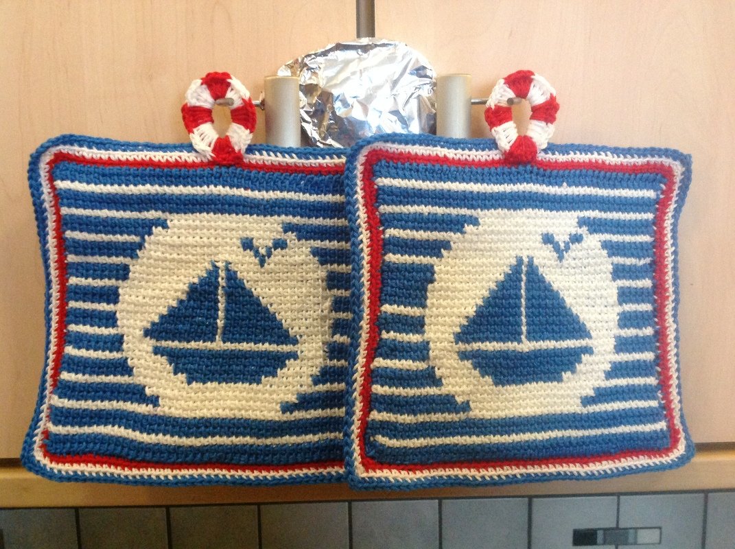 Topflappen Schiff Ahoi / tunesisch gehäkelt