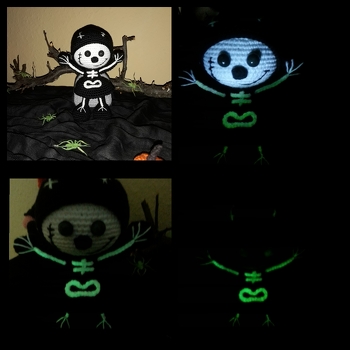 Wie gewünscht  das kleine Skelettmädchen mit dem bestrichenen Nagellack  der leuchtet. Ganz Dunkel ist das letzte Bild. War Fotografisch sehr schwer einzufangen. Man sieht auch die kleinen Handknochen leider nicht, dabei leuchten auch diese so schön. Bin noch am überlegen, ob ich das ganze Gesicht noch bestreiche.